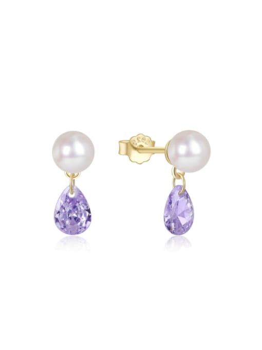 Golden +Purple 925 Sterling Silver Cubic Zirconia Water Drop Minimalist Drop Earring