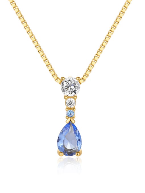 Gold +Sky Blue 925 Sterling Silver Cubic Zirconia Water Drop Dainty Necklace