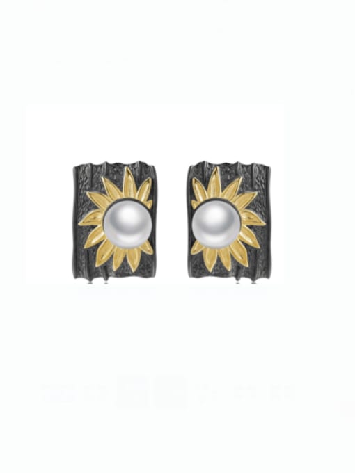 Natural freshwater pearl earrings 925 Sterling Silver Imitation Pearl Geometric Vintage Sunflower Stud Earring