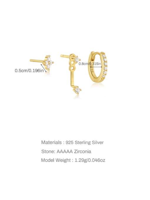 3 pieces per set, golden 4 925 Sterling Silver Cubic Zirconia Geometric Minimalist Huggie Earring