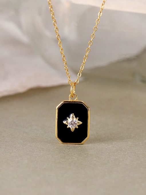 A237A  gold black stone 925 Sterling Silver Enamel Geometric Vintage Necklace