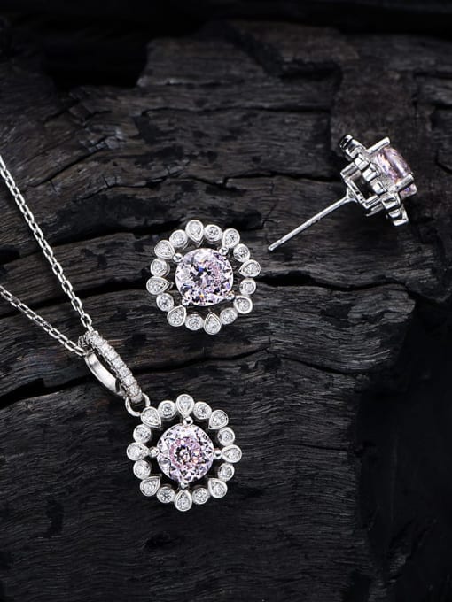 Two piece pink diamond set 925 Sterling Silver Cubic Zirconia Dainty Flower  Earring and Necklace Set