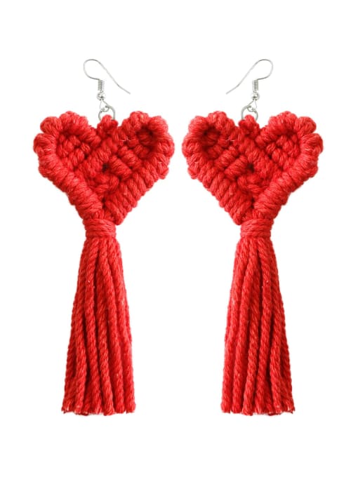 Red e68875 Multi Color Cotton thread Heart Tassel Bohemia Pure handmade Weave Earring