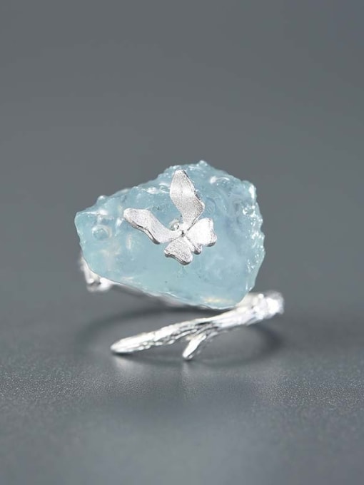 LOLUS 925 Sterling Silver Natural Stone Natural Aquamarine Butterfly Artisan Band Ring 1