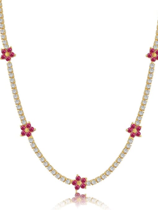 Wine Red DY190363 Gold 925 Sterling Silver Cubic Zirconia Flower Luxury Necklace