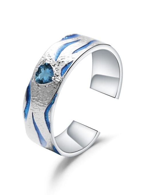 ZXI-SILVER JEWELRY 925 Sterling Silver Swiss Blue Topaz Heart Of The Ocean Artisan Band Ring 2