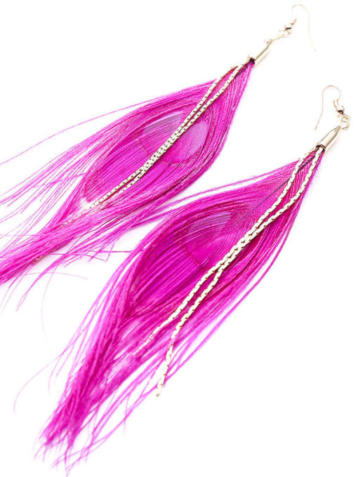 rose red Alloy Feather Tassel Bohemia Hand-Woven Drop Earring