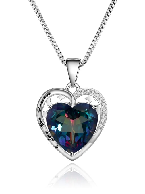 Blue plated crystal + Chain 925 Sterling Silver Natural Stone Heart Minimalist Necklace