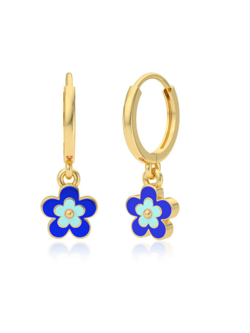 Gold +Dark  Blue Sky Blue 925 Sterling Silver Enamel Flower Minimalist Huggie Earring