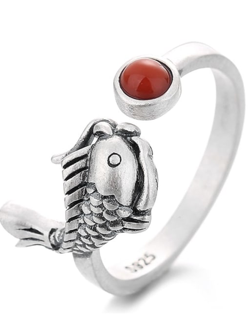 TAIS 925 Sterling Silver Carnelian Fish Vintage Band Ring 3