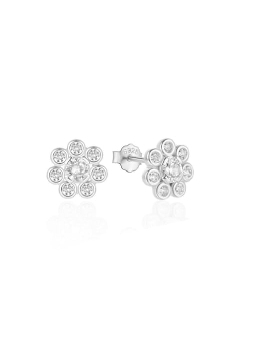 Platinum 925 Sterling Silver Cubic Zirconia Flower Minimalist Stud Earring