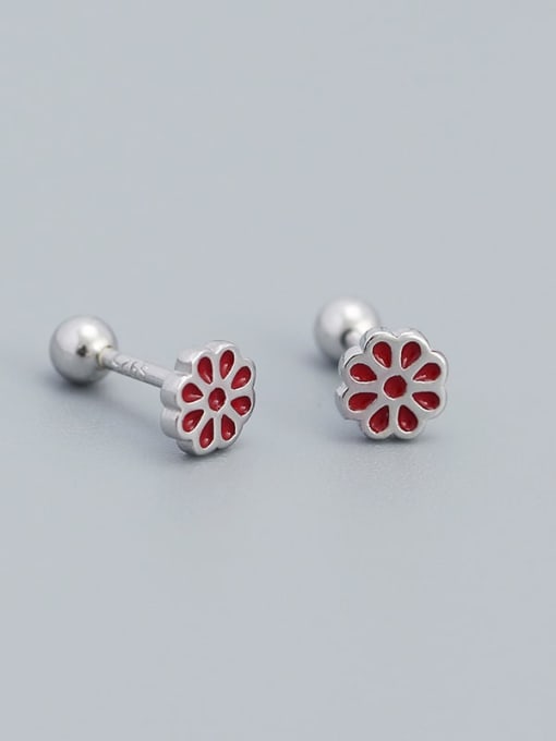 Platinum (red) 925 Sterling Silver Enamel Flower Minimalist Stud Earring
