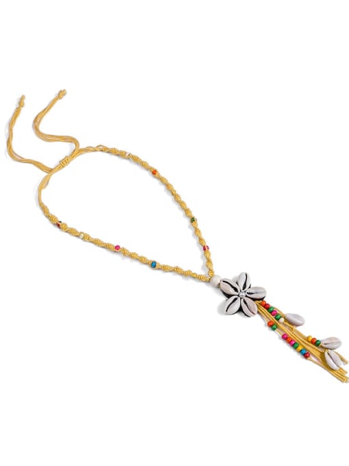 Yellow n70251 Pearl Cotton Tassel Hand-Woven  Flower Lariat Necklace