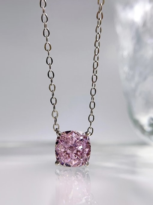 N217 pink 925 Sterling Silver High Carbon Diamond Square Dainty Necklace