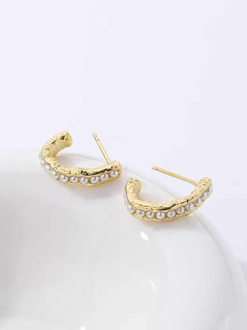 E594E Gold 925 Sterling Silver Imitation Pearl Geometric Minimalist Earring