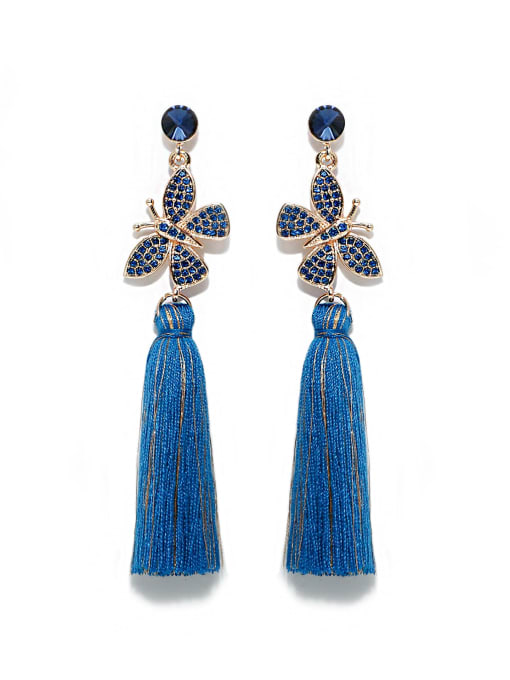 Blue e68807 Alloy Rhinestone Cotton Rope  Tassel Bohemia Hand-Woven Drop Earring