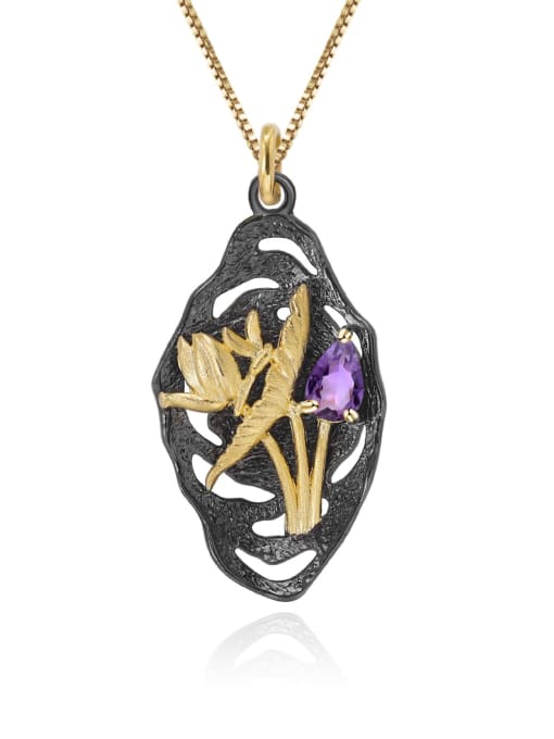 Natural Amethyst Pendant +chain 925 Sterling Silver Natural Stone Irregular Vintage Necklace
