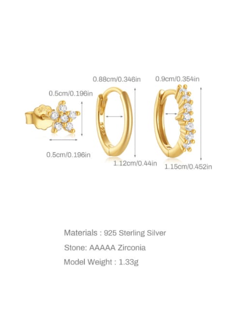 3 pieces per set, gold 4 925 Sterling Silver Cubic Zirconia Geometric Dainty Huggie Earring