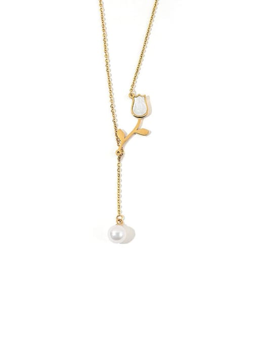 Rose pearl tassel gold necklace Titanium Steel Shell Tassel Minimalist Lariat Necklace
