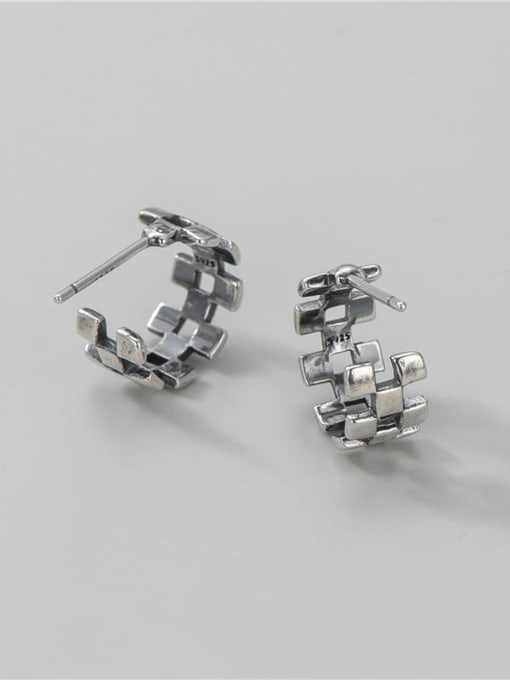 Checkered C-shaped Earrings 925 Sterling Silver Geometric Vintage Stud Earring