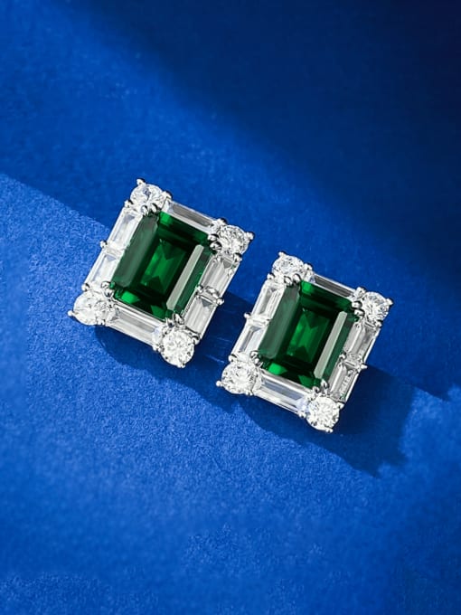 E264 Green 925 Sterling Silver High Carbon Diamond Rectangle Luxury Cluster Earring