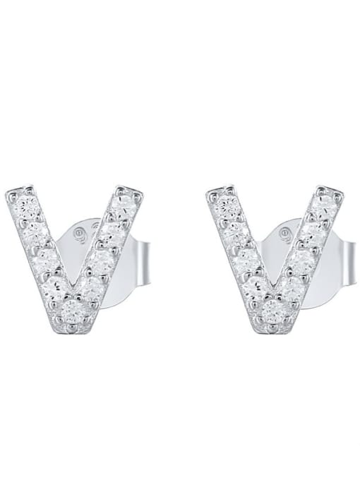 Platinum V 925 Sterling Silver Cubic Zirconia Letter Dainty Stud Earring