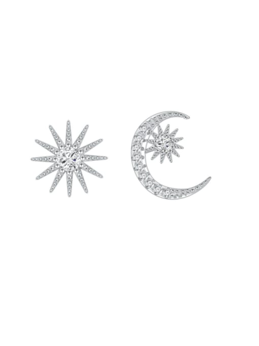 white 925 Sterling Silver Cubic Zirconia Asymmetrical Moon Star Dainty Stud Earring