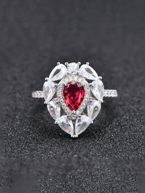 Red 925 Sterling Silver Cubic Zirconia Water Drop Luxury Band Ring