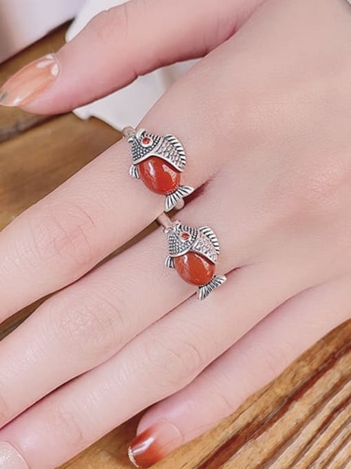 TAIS 925 Sterling Silver Carnelian Fish Vintage Band Ring 1