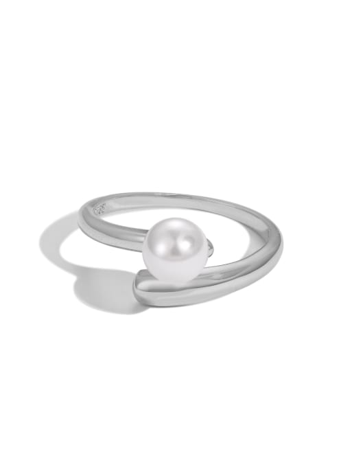 DY120839 S W WH 925 Sterling Silver Freshwater Pearl Geometric Dainty Band Ring