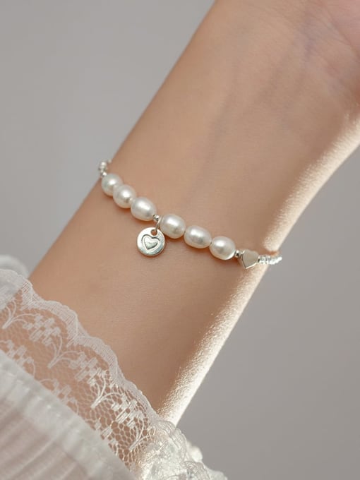 FAN 925 Sterling Silver Imitation Pearl Heart Minimalist Handmade Beaded Bracelet 1