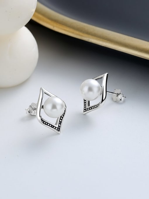 TAIS 925 Sterling Silver Imitation Pearl Geometric Vintage Stud Earring 2
