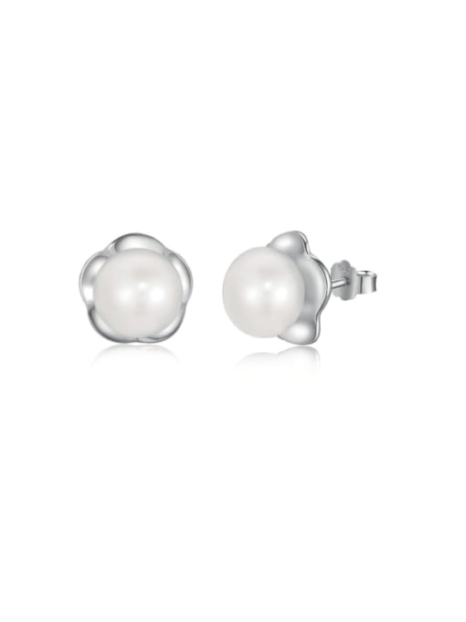 DY1D0256 S W WH 925 Sterling Silver Imitation Pearl Flower Minimalist Stud Earring