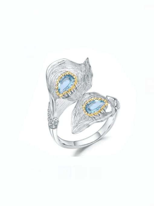ZXI-SILVER JEWELRY 925 Sterling Silver Swiss Blue Topaz Leaf Artisan Band Ring 0