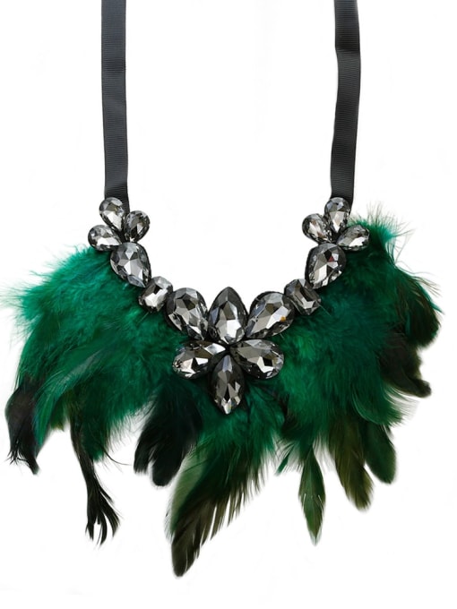 Green c68805 Glass Stone Feather Hand-Woven  Statement Bib Necklace