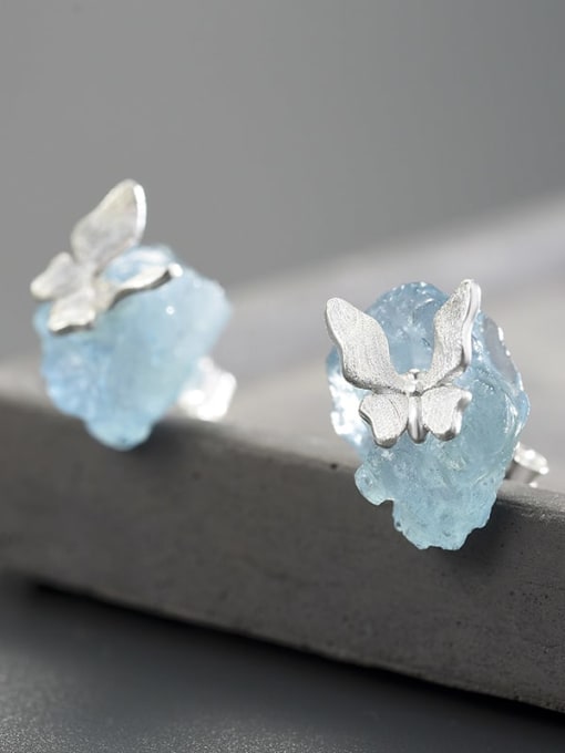 LOLUS 925 Sterling Silver Natural aquamarine butterfly creative handmade  Artisan Stud Earring 1