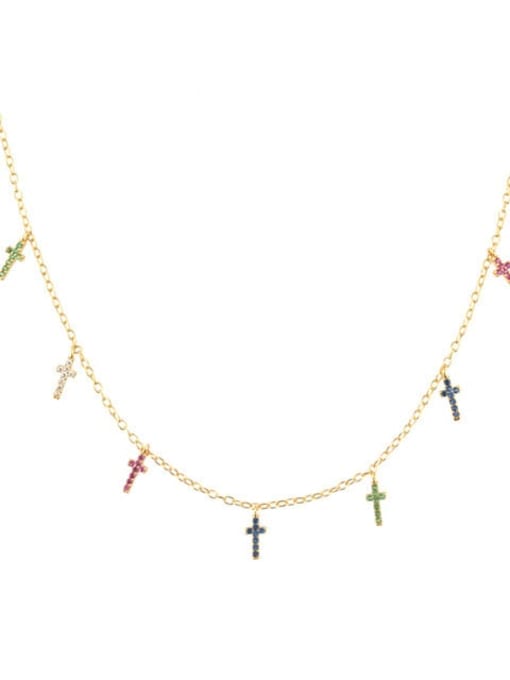 18k Golden Rainbow 925 Sterling Silver Cubic Zirconia Cross Minimalist Necklace