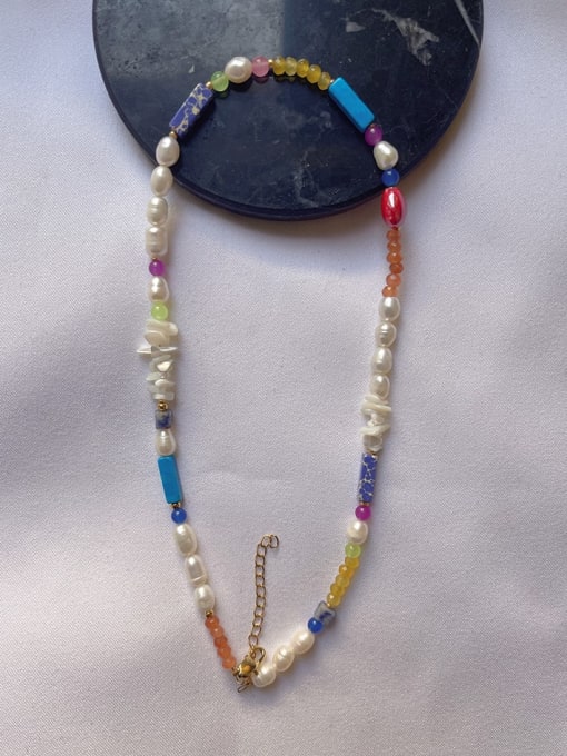 W.BEADS Natural Stone Multi Color Minimalist Freshwater Pearls Hand Beaded Necklace 1