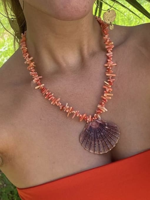 Orange Coral Necklace 45+5cm Titanium Steel Natural Stone Irregular Bohemia Fashionable Shell Conch Pendant Beaded Necklace