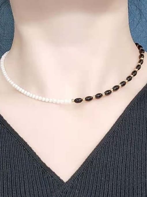 W.BEADS Titanium Steel Freshwater Pearl Black Geometric Vintage Beaded Necklace 1