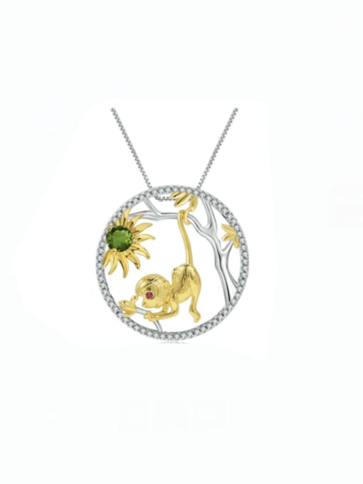 Natural diopside Pendant  + Chain 925 Sterling Silver Natural Stone Monkey Artisan Necklace