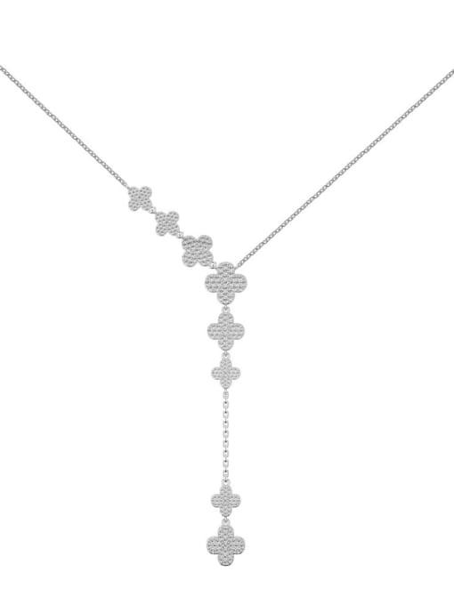Platinum DY190742 S W WH 925 Sterling Silver Cubic Zirconia Clover Tassel Minimalist Lariat Necklace