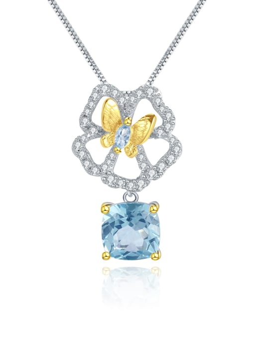 Swiss lantopa Stone Pendant + chain 925 Sterling Silver Swiss Blue Topaz Artisan Butterfly  Flower  Pendant Necklace