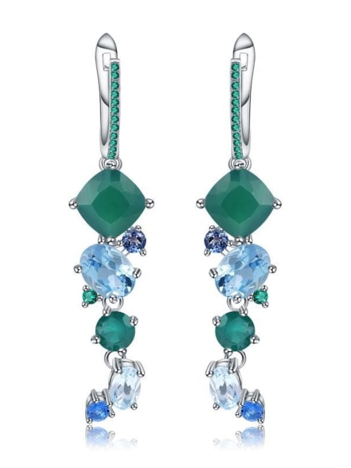 Natural Topaz Green Agate Earrings 925 Sterling Silver Swiss Blue Topaz Geometric Artisan Necklace