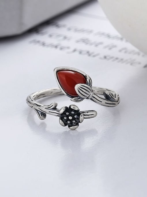 TAIS 925 Sterling Silver Natural Stone Flower Vintage Band Ring 2