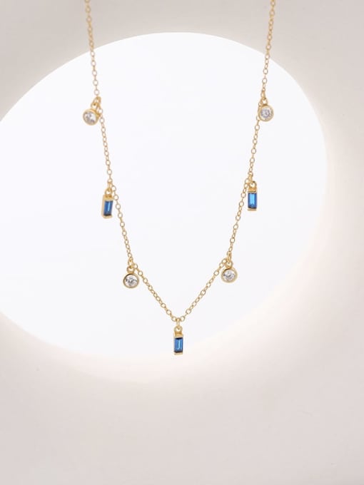A2582 Golden Blue Square 925 Sterling Silver Cubic Zirconia Geometric Minimalist Necklace