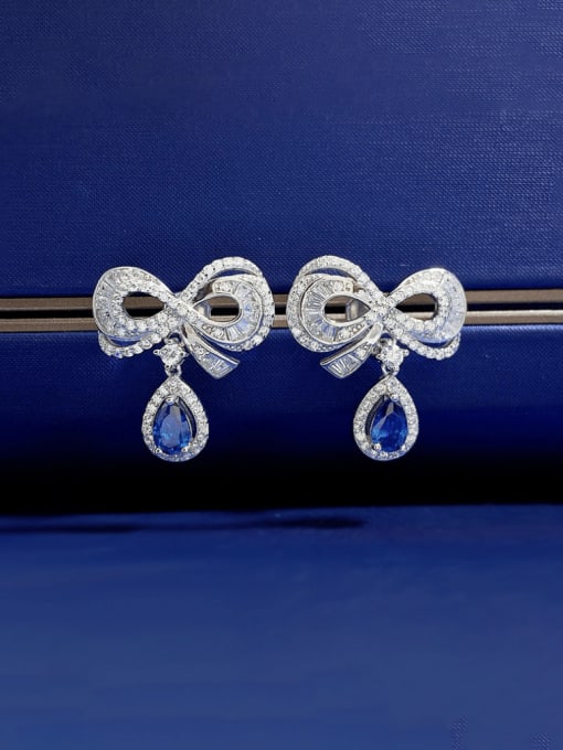 E248 Blue 925 Sterling Silver Cubic Zirconia Bowknot Luxury Cluster Earring