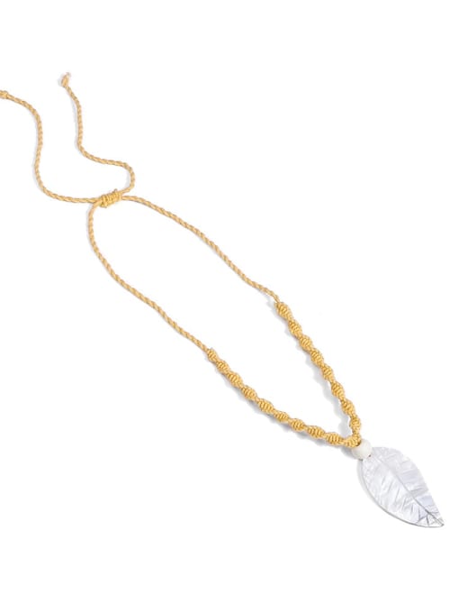 N70246 Shell White Cotton Rope  Leaf  Hand-Woven   Long Strand Necklace