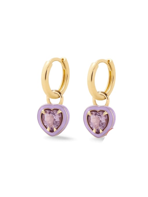 Golden +Purple 925 Sterling Silver Cubic Zirconia Enamel Heart Minimalist Huggie Earring