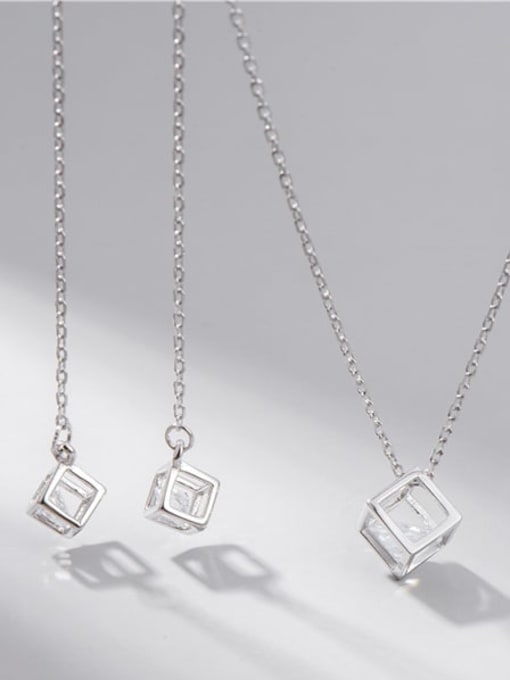 ARTTI 925 Sterling Silver Cubic Zirconia Minimalist Square Earring and Necklace Set